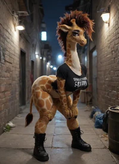 (((a furry female giraffe posing in a dark alley at night))), bending over, big round booty, huge tits, spotted fur, heavy makeup, hourglass figure, wearing torn shirt, black combat boots, fishnets, pink miniskirt, 8k, masterpiece, insanely detailed, weepinbell, fursuit, 80s, punk, clothing, bmbplora, <lora:FursuitXL:1>, <lora:80s_punk_clothing:.8>, <lora:bimboxl_02:.7>