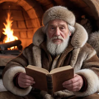UHD, luxurious details, perfect high contrast, no noise. An old Russian man from Siberia tells an epic tale with a book in his hand, (in Siberian fur attire), 1.5, in the warmth of a, (winter stove), (he tells an epic story to the viewer, (dressed in a fur suit), (in an igloo))