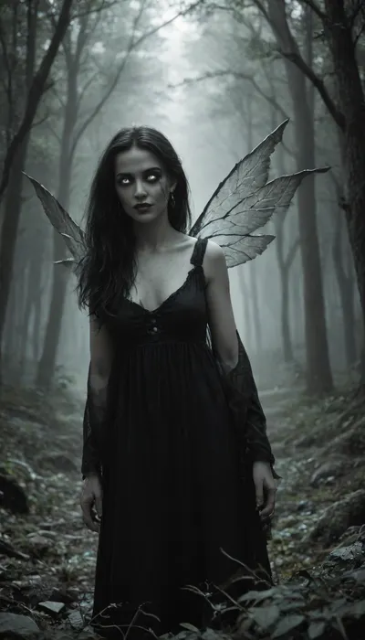A dark pagan fairy emerging from the shadows of an ancient forest, eerie and menacing, with twisted wings like broken glass, pale glowing eyes, and a sinister smile. Her presence feels unsettling, surrounded by mist, decayed trees, and faint occult symbols carved into the bark. The atmosphere is haunting, gothic, and filled with a sense of dread, as if she is a spirit of fear and chaos rather than beauty or kindness, scary and sexy, black and white, bnw, black and white erotic, erotic, Gustave, Doré, Style, page, <lora:Gustave Dore Style:.9>, <lora:1042709_training_data:.9>