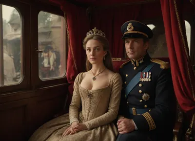 (hyperréaliste), stunning 50-year-old princess from 14th-century France, with her lover dressed as an officer, cleavage, detailed face, detailed eyes, full body view, in a royal carriage