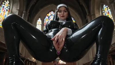 mature, 40yo, nun, latex bodysuit, legs spread, (fingering pussy, buttplug), harness, view from below, dark gothic church, dynamic, lighting, <lora:Dynamic_Lighting_by_Stable_Yogi_SDXL3_v1:.8>, <lora:580159_training_data:.9>