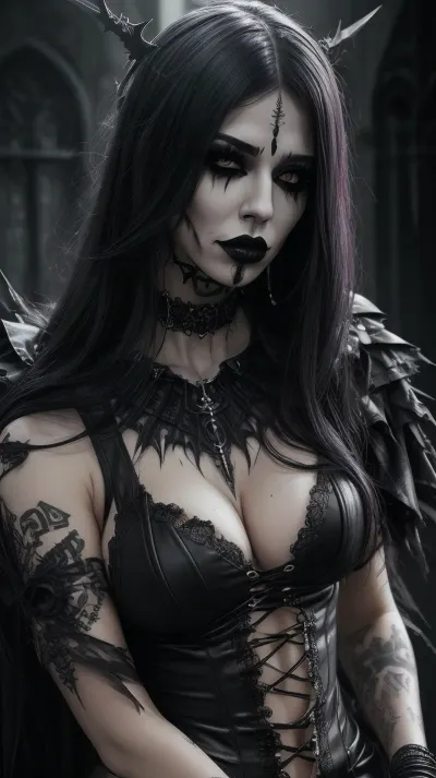 full portrait, gothic, grim, gore setting. Beautiful trans woman, emo, heavy makeup, ripped clothes