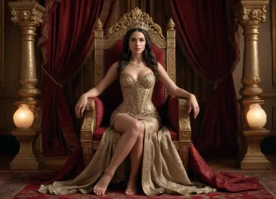 "A majestic queen sits regally on a grand throne, her posture exuding confidence and authority. Her legs are spread wide, revealing a tantalizing glimpse of her exposed pussy beneath her hiked-up dress. The throne is adorned with intricate carvings and precious gems, reflecting the opulence of her kingdom. The queen's gaze is piercing and commanding, her expression a mix of power and allure. Surrounding her are ornate tapestries and lush curtains, adding to the regal atmosphere of the scene. The lighting is dramatic, casting a warm glow on her skin and highlighting her exposed areas, drawing the viewer's attention to her most intimate secrets."