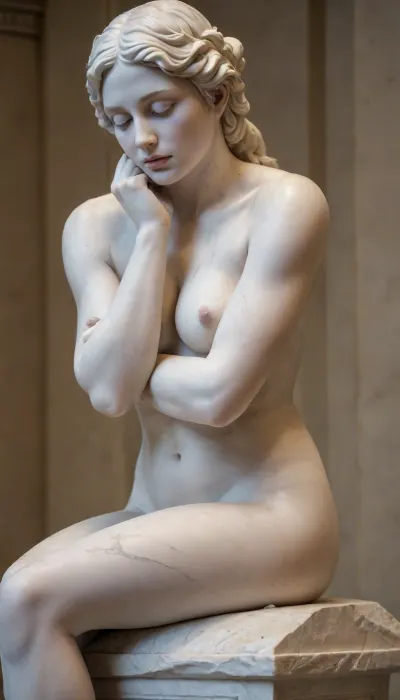 white marble statue, woman, sexy pose, white eyes, white plaster texture, sitting on stone, the thinker, hand under chin, elbow on knee, soft lighting, masterpiece, extreme detail, HD, statue, sculpture, indoor, low contrast, in the style of MarbleStatueXL, <lora:MarbleStatueXL:.75>
