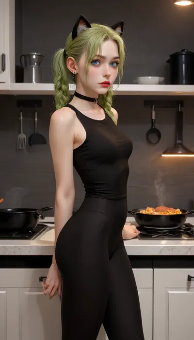 (Masterpice), HD4K visual, clear background, clear model, One Middle age Caucasian White woman, nerrow face, blue eyes, nose ring, ear rings, black choker, tounge ring, bright neon green hair, in pigtails, black cat ears, dark goth makeup, tall, thin body, thick ass, small perky pointed breasts, sleeveless crop top, black skin tight leggings, horny expression, in a kitchen, detailed background, cooking steak on a frying pan, over a modern stove, at night, kitchen lights on, side view, incase, style, ratatatat74, <lora:287175_training_data:1.4>, <lora:ratatatat74-000050:1.4>
