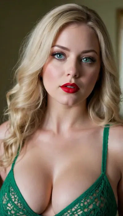 curvy Blonde woman, red lipstik, perfect boobs, Big slut, green eyes, long hairlashes, black ligerine dress, crochet, negligee, <lora:278488_training_data:.8>