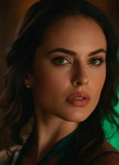 A close-up, high-angle shot of a ohwx woman biting her lip. Looking over her shoulder at the viewer, her face is serious yet coy. The lighting is natural at dusk. Her makeup is natural and enhances her features, she has a soft sensuality. Background is textures emerald green. Professional photo, shallow dof.