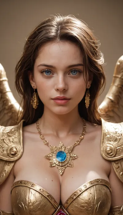 realistic Rebecca Chambers as the Muse of War and Song, final ascension, radiant and divine, large breasts, wearing celestial bardic armor woven with starlight and glowing runes of music, eyes glowing with inspiration, playing a radiant crystalline lute that shines with divine light, spectral orchestras of glowing instruments swirling around her, voice and music reshaping the battlefield, radiant wings of pure sound and light extending behind her, armies united under her divine harmony, cinematic photorealism, ultra-detailed, epic scale, 8k, masterpiece, best quality