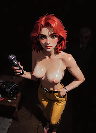 score_9, score_8_up, score_7_up, white and pale skin, medium natural breasts, tan lines, skinny body, tall, thin waist, wide hips, thigh gap, barefoot, hairy pussy, freckles, brown eyes, perfect makeup, detailed skin texture, embarrassed smile, masterpiece, hyper realistic photo, full hd, 8K, camera shot, photoshoot casting, raw, overexposed, harsh, flash, qos outfit, looking, at, viewer, bird view, bird-view, <lora:dark:.5>, MASTERPIECE, best quality, amazing quality, high res, (incase style), pixelart, incase, style, pixel, art, <lora:pixel_stormXL:.3>, Bimbo April O'Neil, A cartoon-style female reporter with bright red hair in a short bob, huge bimbo breasts, wearing a yellow jumpsuit with a white belt and pockets, breasts popping out of top, holding a TV news microphone. She has a horny expression, standing in an urban New York street scene inspired by the classic 1980s Mutant Ninja Turtles cartoon. Vibrant colors, retro cartoon style. topless