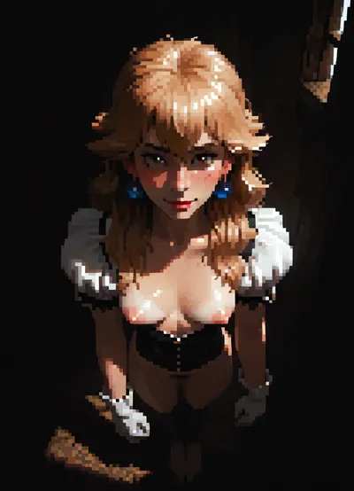 score_9, score_8_up, score_7_up, Princess Peach, A beautiful cartoon-style princess with long flowing blonde hair, white and pale skin, medium natural breasts, tan lines, skinny body, tall, thin waist, wide hips, thigh gap, barefoot, hairy pussy, freckles, brown eyes, perfect makeup, detailed skin texture, embarrassed smile, masterpiece, hyper realistic photo, full hd, 8K, camera shot, photoshoot casting, raw, overexposed, harsh, flash, qos outfit, looking, at, viewer, bird view, bird-view, <lora:dark:.5>, MASTERPIECE, best quality, amazing quality, high res, (incase style), pixelart, incase, style, pixel, art, <lora:pixel_stormXL:.3>, wearing a skimpy pink ball gown with puffed sleeves, white gloves, and a jeweled crown, She has a kind and elegant expression, standing in a bright, whimsical fantasy castle setting inspired by classic Mario games, detailed Nintendo-like style. exposed breasts, topless, boobs out