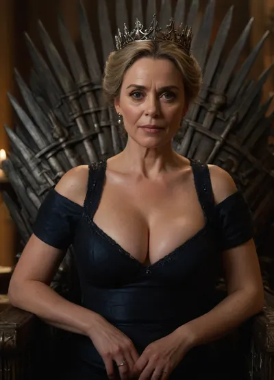 (hyperréaliste), british woman 50-years old, detailed face, sexy queen, cleavage, large breasts, sitting on iron throne