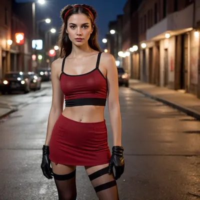 Photorealistic full-body portrait of a young woman standing in the middle of an abandoned urban street at dusk, confident dynamic stance with weight on left leg, right leg forward, left arm extended outward open hand, right arm bent with a clenched fist near chest, mid-20s, athletic build, 175 cm, warm light olive skin with natural pores and subtle scar near left cheek, strong slightly angular cheekbones, straight nose, full lips, intense dark brown eyes looking directly at camera, long dark hair with deep black base and subtle red highlights around the face and ends, slightly wind-blown, narrow red headband, wearing a fitted crimson-red short dress with dark trim and seam details, black waist belt with silver buckle, thigh-high black textured stockings, chunky red boots with black accents, single gold hoop earring on right ear, black fingerless glove on right hand, cinematic late-evening lighting with warm streetlamp key light from the left and cool neon rim light from the right, subtle fog and dust, wet asphalt reflections, graffiti and ruined storefronts and flickering neon signs in background, debris, shallow depth of field, 35mm perspective, eye-level angle, ultra-detailed textures, realistic skin and hair strands, photoreal 8k, cinematic dramatic mood.