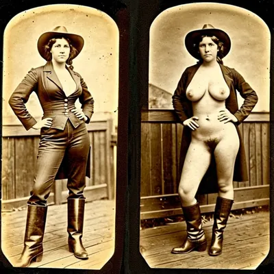 1920s, (((1920s beautiful female welder))), amateur model, beautiful face, amateur photo, brunette hair, attractive, 35 years old, (((picture taken with Daguerreotype camera:1.5))), (large natural boobs:1.1), natural boobs, (hairy pussy:1.4), (full body in view), straight hair, ponytail hairdo, (same person, same pose, same angle), (2Split screens, 2split views, onoff:1.2), (wearing 1870s cowgirl outfit), (western town background), BREAK, <lora:OnoffXL_ExtraCrispy:.7>