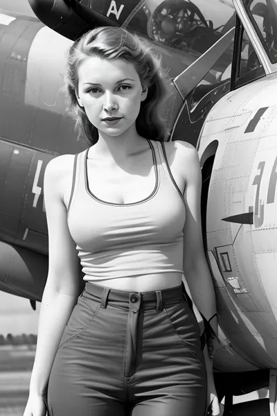 Airplane fighterplane, WW2, beautiful young feminin pilot, hard young face .White nearly transparent Tanktop, hard nippels visible under the tanktop, in the front of the aiplan, full body visible, she is dirty, dirty pants, just back from the job