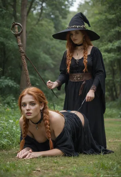 After the battle, defeated female, female looking forward, obedient corrupted female, french female, female wearing a leash, lush hair, ginger hair, braids, female in wizard robe and hat, (her magick staff laying next to her), chocker on neck, female standing on all fours