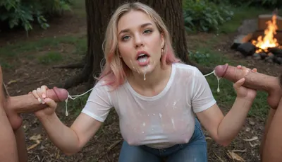 A fully clothed man in his mid 40s is leaning against a tree at night, outdoors around a campfire, he has salt and pepper hair and a short salt and pepper beard, a 21 year old woman is kneeling in front of him on her knees, she has his average sized cock in her hand, (handjob), she is looking up at the man, his cock is shooting cum onto her face, (cock squirting cum), huge natural tits, huge round tits, (huge round tits:1.2), covered in his cum, (cum covered tits:1.2), the woman has very long blonde hair with pink highlights, blue jeans, v-neck t-shirt, (cum covered tits:1.4), facial, cum flying through the air, very, dark, focused, flash, photo, portrait, woman, cum, on, face, <lora:678016_training_data:.8>, <lora:sdxl_darkflash_v6-000060:.8>, <lora:SDXLHighDetail_v6-000005:.8>, <lora:real-humans-PublicPrompts:.8>, <lora:JustCum:.8>