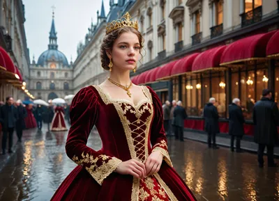 (masterpiece, best quality, ultra-detailed), (photorealistic:1.2), anachronism, (full shot:1.1), of a beautiful, (young woman:1.2), in an elaborate, (royal red velvet Renaissance ball gown with intricate gold embroidery and lace trim:1.3), wearing a matching ornate gold crown and necklace, looking up with a thoughtful expression, holding aged sheet music in her hands, ((standing on a wet, light-reflecting street in a modern city:1.3)), towering glass high-rise buildings, commercial advertising screens, bustling street with blurry figures, overcast sky, (((rainy day, wet ground, reflections:1.2))), golden hour lighting, cinematic lighting, dramatic shading, depth of field, focused on subject, Bokeh, highly detailed skin, realistic hair, (film grain), (photographer, Annie Leibovitz style), NEGATIVE_HANDS