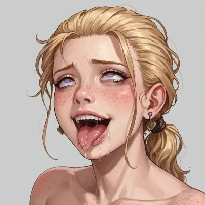 freckles, blond tied ponytail hair, ahegao, crazy, yandere