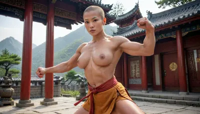 chinese girl, 25 year old, shaolin monk, big breasts, topless, baldhead, china, shaolin temple, shaolin robe, shaolin kung fu fighting pose, full body, 4ng3l, face, uberfit, muscular, athletic, <lora:CinematicStyle_v1:1.9>, <lora:SDXL_BetterFaces-LoRA_v1:2>, <lora:uberfit_lora_sdxl:1.1>, <lora:kickGirl:.8>