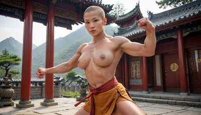 chinese girl, 25 year old, shaolin monk, big breasts, topless, baldhead, china, shaolin temple, shaolin robe, shaolin kung fu fighting pose, full body, 4ng3l, face, uberfit, muscular, athletic, <lora:CinematicStyle_v1:1.9>, <lora:SDXL_BetterFaces-LoRA_v1:2>, <lora:uberfit_lora_sdxl:1.1>, <lora:kickGirl:.8>