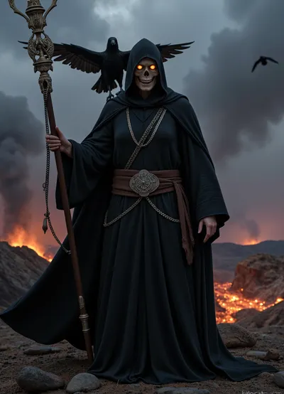 Given the image, here are the detailed prompts for Stable Diffusion, **Positive Prompt, ** ```, (grim reaper), ((death)), (skeletal face, glowing eyes inside hood:1.2), (full body shot), (dark hooded cloak, flowing fabric:1.3), standing proudly, (intricate staff with chains and crucifix details:1.1), (majestic raven with outstretched wings:1.2), perched on shoulder, (dark ominous sky, thunderclouds:1.15), (dramatic lighting:1.1), (cinematic atmosphere), (fantasy art, digital painting:1.3), (volcanic landscape, molten lava ground:1.1), glowing embers, flying ravens in background, depth of field, highly detailed, sharp focus, octane render, unreal engine, masterpiece, best quality, ultra high resolution, dynamic pose, dark fantasy, epic scene, highly detailed robes, intricate chains.