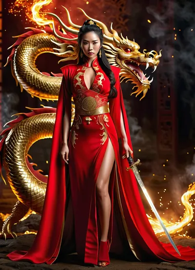 (masterpiece, best quality, ultra-detailed:1.2), (photorealistic, 8k, sharp focus:1.1), full body shot of a beautiful Chinese warrior priestess, long flowing dark hair, intricate updo, (red oriental-inspired gown with gold accents and high slit:1.3), revealing top, holding a glowing golden sword, standing majestically, with, ((a massive, angry, glowing red and gold oriental dragon)), coiled behind her as an imposing backdrop, dragon's head visible, glowing eyes, digital painting, fantasy art, cinematic lighting, dramatic atmosphere, volumetric lighting, particles, embers, fire sparks, dark background with subtle glowing Chinese characters, intricate gold embroidery, jewelry, alluring, confident pose, rich colors, deep reds, shimmering golds, (detailed skin texture:1.1), (epic composition:1.1), (fantasy poster art:1.2)