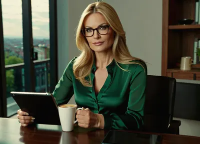 (Close-up), (one attractive female psychologist:1.1), middle-aged, (sitting in, (a comfortable chair:1)), 1.1, (wearing glasses:1.2), (looking at the viewer:1.1), (long blond hair), (businesswoman, woman:1.3), (half-unbuttoned green silk blouse:1.2), low neckline, (holding a tablet:1.1), (dark gray skirt above the knees), (black tights:1.2), ((in an ultra-modern cozy office)), the city is visible through the window, blurred background, (cup of coffee on the table:1.4), (soft diffused light:1.1), depth of field, (photorealistic:1.3), (studio shot:1.1), (masterpieces:1.3), (high quality:1.2), (hyper-detailed:1.3), 8k, cinematic lighting, high-quality materials, DTM