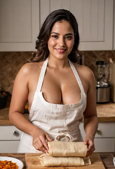 Young Mexican woman making tamales in kitchen, wearing cooking apron, no clothing, naked, voluptuous, musculartone, smiling, sexy, cleavage, pokies, <lora:Mature_Goddess_Penny_Katesh-000009:1.6>