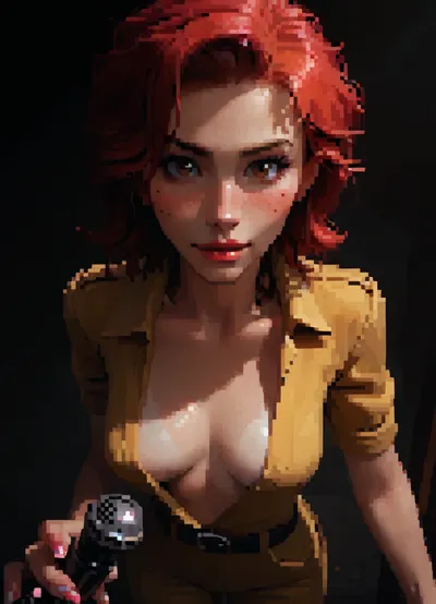 score_9, score_8_up, score_7_up, white and pale skin, medium natural breasts, tan lines, skinny body, tall, thin waist, wide hips, thigh gap, barefoot, hairy pussy, freckles, brown eyes, perfect makeup, detailed skin texture, embarrassed smile, masterpiece, hyper realistic photo, full hd, 8K, camera shot, photoshoot casting, raw, overexposed, harsh, flash, qos outfit, looking, at, viewer, bird view, bird-view, <lora:dark:.5>, MASTERPIECE, best quality, amazing quality, high res, (incase style), pixelart, incase, style, pixel, art, <lora:pixel_stormXL:.3>, Bimbo April O'Neil, A cartoon-style female reporter with bright red hair in a short bob, huge bimbo breasts, wearing a yellow jumpsuit with a white belt and pockets, (breasts popping out of top), holding a TV news microphone. She has a horny expression, standing in an urban New York street scene inspired by the classic 1980s Mutant Ninja Turtles cartoon. Vibrant colors, retro cartoon style, mutant ninja turtles