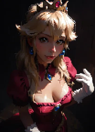score_9, score_8_up, score_7_up, Princess Peach, A beautiful cartoon-style princess with long flowing blonde hair, white and pale skin, medium natural breasts, tan lines, skinny body, tall, thin waist, wide hips, thigh gap, barefoot, hairy pussy, freckles, brown eyes, perfect makeup, detailed skin texture, embarrassed smile, masterpiece, hyper realistic photo, full hd, 8K, camera shot, photoshoot casting, raw, overexposed, harsh, flash, qos outfit, looking, at, viewer, bird view, bird-view, <lora:dark:.5>, MASTERPIECE, best quality, amazing quality, high res, (incase style), pixelart, incase, style, pixel, art, <lora:pixel_stormXL:.3>, wearing a skimpy pink ball gown with puffed sleeves, (deep cleavage with exposed breasts out), white gloves, and a jeweled crown, She has a kind and elegant expression, standing in a bright, whimsical fantasy castle setting inspired by classic Mario games, detailed Nintendo-like style., shirtpull, <lora:shirtpull_SDXL:.8>