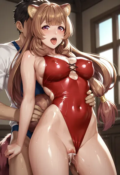 score_9, score_8_up, score_7_up, tate_no_yuusha_no_nariagari, raphtalia, absurdres, highres, 1boy, 1girl, animal_ears, breasts, red_eyes, brown_hair, clothed_female_nude_male, covered_nipples, female_pubic_hair, hetero, highleg, highleg_one-piece_swimsuit, indoors, large_breasts, long_hair, raccoon_ears, raccoon_girl, nude one-piece_swimsuit, open_mouth, pubic_hair, sex, sex_from_behind, standing, standing_sex, shiny_skin, swimsuit, tongue, tongue_out, red_one-piece_swimsuit