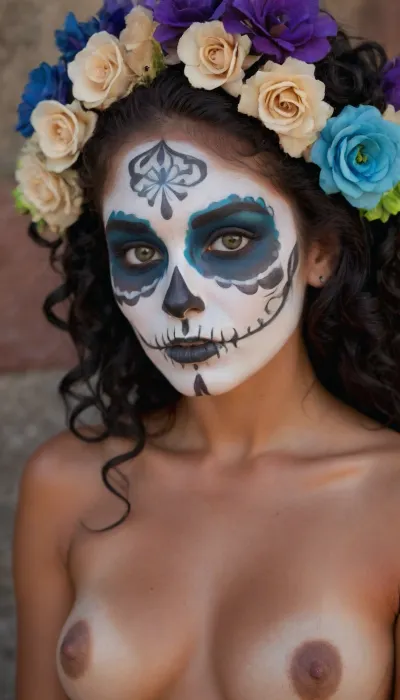 Sexy, little, Mexican girl, Catrina skull full face paint, bright green eyes, ((black, white, and blue, face paint:1.2)), t1, skull, dia de los muertos, day of the dead, flowers in hair, long black curly hair, styled up nice, ((skull face paint)), naked, skinny body, dark tanned body, (tan lines:1.3), mexican, talavera, she is on her knees, seductive look on her face, hotsquat, woman, squat, bellissima, 1girl, <lora:TalaveraCatrina_by_Devdope-000011:1.4>, <lora:woman_squat_xl_lora-000031:1>, <lora:LesFemmesXL_v1.0:1.1>