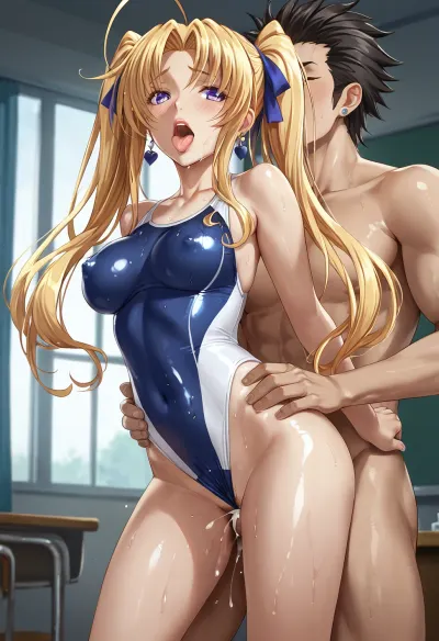 score_9, score_8_up, score_7_up, school_dxd, shidou_irina, absurdres, highres, 1boy, 1girl, ahoge, breasts, purple_eyes, blonde_hair, double-parted_bangs, hair_between_eyes, clothed_female_nude_male, covered_nipples, female_pubic_hair, hetero, highleg, highleg_one-piece_swimsuit, indoors, medium_breasts, long_hair, nude one-piece_swimsuit, open_mouth, pubic_hair, sex, sex_from_behind, standing, standing_sex, sidelocks, orange_hair, shiny_skin, swimsuit, tongue, tongue_out, twintails, multicolor_one-piece_swimsuit