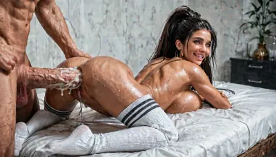 Close up view An athletic busty tan girl laying on her stomach, hogtied, her arms tied behind her back, agetting fucked bdsm tied up anal prone bone by 40yo man with huge cock, on a bed, insanely beautiful girl, eyes looking back at man over her shoulder, smiling in happy bliss, fucked by a huge cock, girl is sweaty, thigh high socks, cameltoe, legs spread wide, big boobs, wet pussy, her wish of bdsm sex with neighbour is finally happening, anal creampie