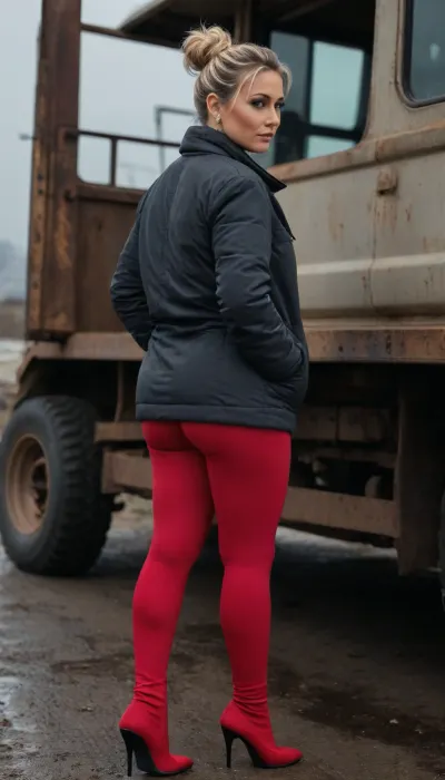 (4K UHD ultra-detailed RAW photo), high detailed, 8k, (photorealistic:1.7), close up, face focus, Georgian tourist women 50 yo, ((view from behind)), ((milf:1.5)), ((curvy:1.3)), in Wasterland, standing near the truck, (scared attitude:1.1), ((wearing in short winter jacket)), ((wearing in red leggings)), ((fertile body)), ((high heels over knee high boots)), white messy bun haircut, ((makeup:1.2)), 1/2 length view, (4K, high resolution, best quality), fnvlegionslave, Wasteland, clothes, Photography, stvmccrr, style, <lora:stvmccrr:.5>