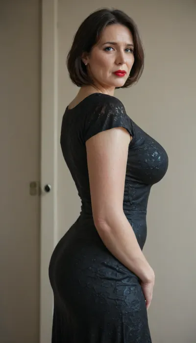 1/2 body view, curvy soviet mature woman, ((completely clothing)), ((in short summer blackk dress)), ((dark black bob haircut)), 40 years old, perfect face, ((sad:1.3)), ((milf:1.6)), blue eyes, makeup, red lipstick, standing on reception area, ((view from side)), ((looking on viewer)), microskirt, extremely, short, skirt, side bangs, <lora:MicroSkirt_XL:.9>, <lora:580159_training_data:1>