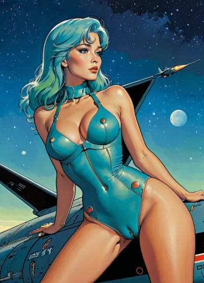 score_9, score_8_up, score_7_up, source_anime, painting of a pinup on the side of a SR-71 bomber, (A detailed drawing with clean lines and meticulous shading, perfect eyes, flat colors, line art, no gradients, blue and green palette), realistic anatomy, night, moon, Moebius, detailed face, (Jean, Giraud), page, lineart, <lora:Moebius (Jean Giraud) Style:.7>, <lora:lineartSDXL:.7>
