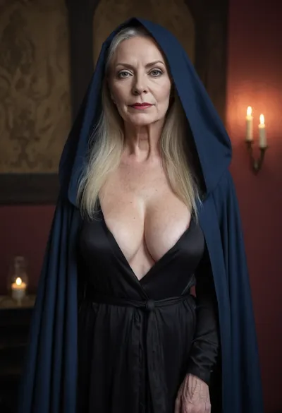 Full-body shot, 70 year old British woman, pale skin, middle-aged skin, middle-aged body, freckles and stretch marks, sagging pendulum breasts with big nipples and prominent veins, long straight dyed blonde hair, heavy makeup to attempt to look younger, wrinkles, blue eyes, wearing only a loose open black robe, occult fashion, occult style, satanic appearance and background, witch fashion, standing backstage at a concert venue, w1+ch, crd, lady, <lora:181422_training_data:.4>, <lora:Witch_SDXL_r1:.5>, <lora:Old_lady:.5>