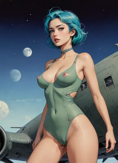 score_9, score_8_up, score_7_up, source_anime, painting of a pinup on the side of a B-29 bomber, (A detailed drawing with clean lines and meticulous shading, perfect eyes, flat colors, line art, no gradients, blue and green palette), realistic anatomy, night, moon, Moebius, detailed face, (Jean, Giraud), page, lineart, <lora:Moebius (Jean Giraud) Style:.7>, <lora:lineartSDXL:.7>