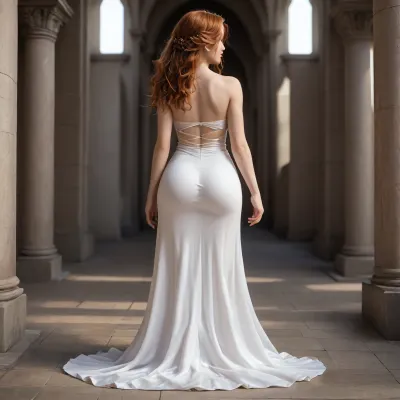 (masterpiece, best quality, highres, photorealistic), (full body shot:1.2), stunning redhead woman standing elegantly in a sunlit Mediterranean courtyard, udmurt facial features, 20 years old, tall, 185cm, (waist long flowing hair:1.3), facing front and back, her long braided ponytail flowing gracefully down her back, wearing a long-sleeved white dress that perfectly accentuates her hourglass figure, (slim waist:1.4), (curvaceous hips:1.3), (tight-fitting fabric emphasizing her silhouette:1.3), a subtle slit at the back revealing her toned legs, muscular back, (big sexy beautiful breasts:1.4), large boobs, huge tits, (big boobs:1.3), (bubble butt:1.5), (big ass:1.5), slim body, (slim figure:1.2), (toned abs:1.3), worked out abs, muscular abdomen, delicate fingers, warm golden sunlight casting soft shadows on the white stucco walls, intricate architectural details with elegant arches and black wrought iron railings, a peaceful and luxurious atmosphere, ultra-detailed fabric texture, perfect depth of field, high contrast, 8K resolution.