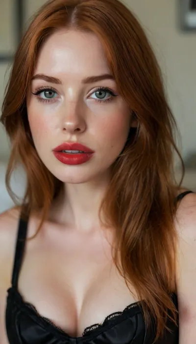 ziprealism, (25yo, intimate sensual esthetic, offset composition), (seductive sensual expression, sensual gaze, soft teasing smirk:1.2), (f/2.8, shallow depth of field, subtle bokeh), (loose closeup shot, view from side, focus on lips:1.8), (sleek glossy red hair, straight long hair, hair obscuring face, light full eyebrows:1.4), (slender athletic body), (soft pillowed lips:1.6), (big lips:1.4), (moist lips, vibrant red lipstick:1.4), (natural skin texture, long thick eyelashes:1.2), (udmurt facial features:1.3), (no make up:1.3), (cozy bedroom), (large teardrop breasts, soft breasts, pale nipples:1.3), (big breasts in a corset:1.4), (strong defined jawline, large expressive eyes, catchlights), igbaddie, <lora:igbaddie-XL:.4>, <lora:style_lora_realis:.8>