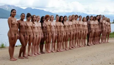 (((((((line of 22 women of different ethnicities and different cultures:2))))))), Scenic lake and mountains in the background. Many contrasting skin colors and tones. There are 22 skinny women standing shoulder to shoulder. They have their hands holding eachothers hands., (((no males))), All nude., (((2 indian woman with brown skin))), (3 black women with dark dark black black skin with straight hair), ((2 latina woman with dark brown skin)), (1 european woman with pale skin and red hair), ((2 chinese women with dark brown skin)), (((2cambodian women with very dark brown skin))), (((2 native american woman with brown brown skin))), (3 white women), (1 european woman with with pale skin and blonde hair), ((2 brown skinned middle eastern woman)), holding hands and facing the camera, all are standing square to the camera and shoulder to shoulder with eachother while holding eachothers hands, looking at the camera, and they are naked, (((no men))), <lora:flux_cultures_age_v308:2>