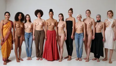 (((fully clothed))), (((line of 16 fully clothed women of different ethnicities and different cultures:2))), (((no males))), (((1 indian woman with brown skin wearing traditional indian clothing))), (1 black woman with dark dark black skin with afro), ((1 latina woman with brown skin)), (1 european woman with red hair wearing sun dress), ((1 chinese woman with brown skin)), (((1 native american woman with headdress and brown skin))), (1 european woman with blonde hair wearing blue jeans), ((1 brown skinned middle eastern woman with hijab)), all fully clothed and holding hands and facing the camera, looking at the camera, (((no men)))
