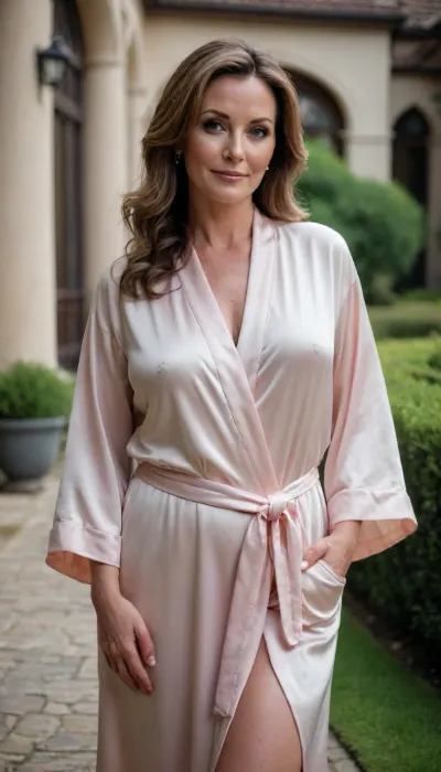(milf:1.4), A rich, well-groomed, self-confident, attractive 40-year-old woman with fair skin and curvy figure. Dressed in a silk robe, standing in the courtyard of her mansion.
