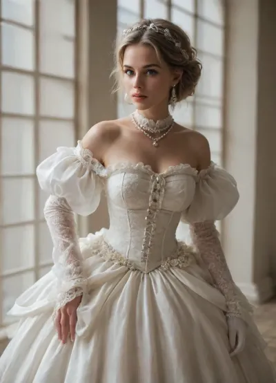 A stunningly beautiful blonde fairytale Princess shining with Royal Pomp and Regal Splendor, wearing a Stately and, (((Elaborate))), Royal Cinderella off-shoulders Ballgown of Silver and White Brocade, with, (((enormous puffed sleeves))), a stiffly boned, padded and corseted bodice, translucent dress an hourglass waist, a, (((huge crinoline hoopskirt))), and, (((bustle))), adorned with ribbons, bows, roses, lace, ruffles, frills, embroidery, and jewels, elaborately curled and styled hair, long white gloves, pearl and diamond necklace and earrings
