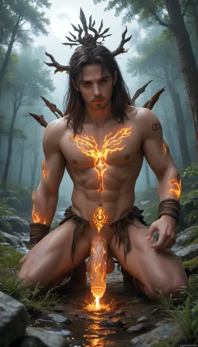 A dark scene of enchanted ancient forest, A vast wonderland filled with broken colossal cocks half-buried in the grass, golden glowing orbs suspended in the air. In the center stands a sexy shemale with penis performing anal sex with male. in torn ritual robes, glowing crimson tattoos across her skin. Around her, golden trees bleed glowing gold liquid into the ground, dripping into the dust. Above, a massive blood moon cracks the sky, revealing glimpses of ancient temples, and futuristic ruins. Water flows, torches burn with black fire. Epic, fantasy, cinematic atmosphere of enchanted ancient forest and glowing mysteries in eternity.