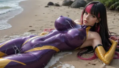 1 slim 19yo girl lying on the beach, palms in the background, bare shoulders, black hair, shiny tight latex bodysuit, breasts, covered enormously large erect nipples, covered navel, elbow gloves, dark blue fishnets, shoulder-long golden latex gloves, impossible bodysuit, impossible clothes, large breasts, long hair, looking at viewer, multicolored hair, pink hair, purple bodysuit, shiny clothes, skin tight, streaked hair, taimanin suit, two-tone hair, very long hair, (girl fully covered with thick cum:1.8)