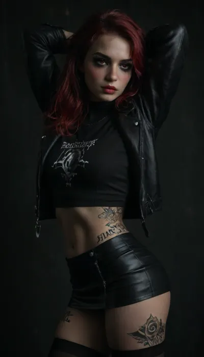 <lora:dark:.5>, <lora:style_lora_realis:.7>, <lora:bird's-eye view:.1>, .9, <lora:Cinematic style:.1>, .8, Close-up, first-person view. high detail, side view, (20-year-old pretty thin girl in a leather skirt, ((straightens her back)), hands behind her head, ((blushes heavily)), bites her lip, (leather jacket:1.4), athletic stomach, black leather skirt, Black bortsovka, black stockings, (tattooed body:1.8), (gothic makeup:1.4), (athletic thighs:1.5), hungry red eyes, (red hair:1.6), morning light)