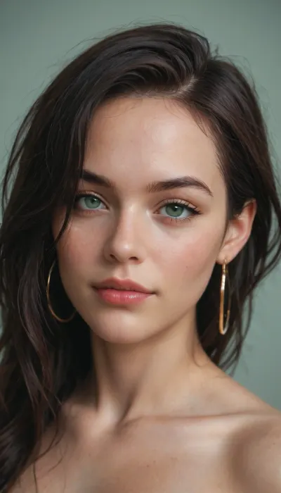 1girl, adult woman, black hair, straight hair, green eyes, close up, seductive smirk, plain neutral background, hoop earrings