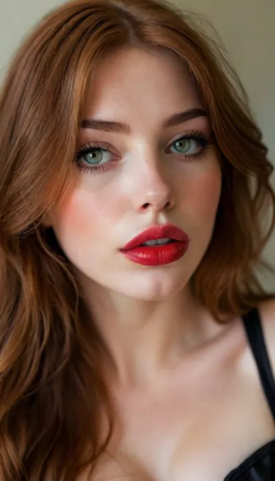 ziprealism, (25yo, intimate sensual esthetic, offset composition), (seductive sensual expression, sensual gaze, teasing look, fuck me face, soft teasing smirk:1.2), (f/2.8, shallow depth of field, subtle bokeh), (loose closeup shot, view from side, focus on lips:1.8), (sleek glossy red hair, straight long hair, hair obscuring face, light full eyebrows:1.4), (slender athletic body), (soft pillowed lips:1.6), (big lips:1.5), (big dick sucking lips:1.5), (plump lips:1.4), (moist lips, vibrant red lipstick:1.4), (natural skin texture, long thick eyelashes:1.2), (udmurt facial features:1.3), (no make up:1.3), (cozy bedroom), (large teardrop breasts, soft breasts, pale nipples:1.3), (big breasts in a corset:1.4), (big tits:1.4), (strong defined jawline, large expressive eyes, catchlights), igbaddie, <lora:igbaddie-XL:.4>, <lora:style_lora_realis:.8>